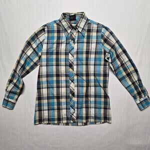 Vintage Plaid Shirt Womens Medium 8 Blue Yellow Long Sleeve Button Down 90s